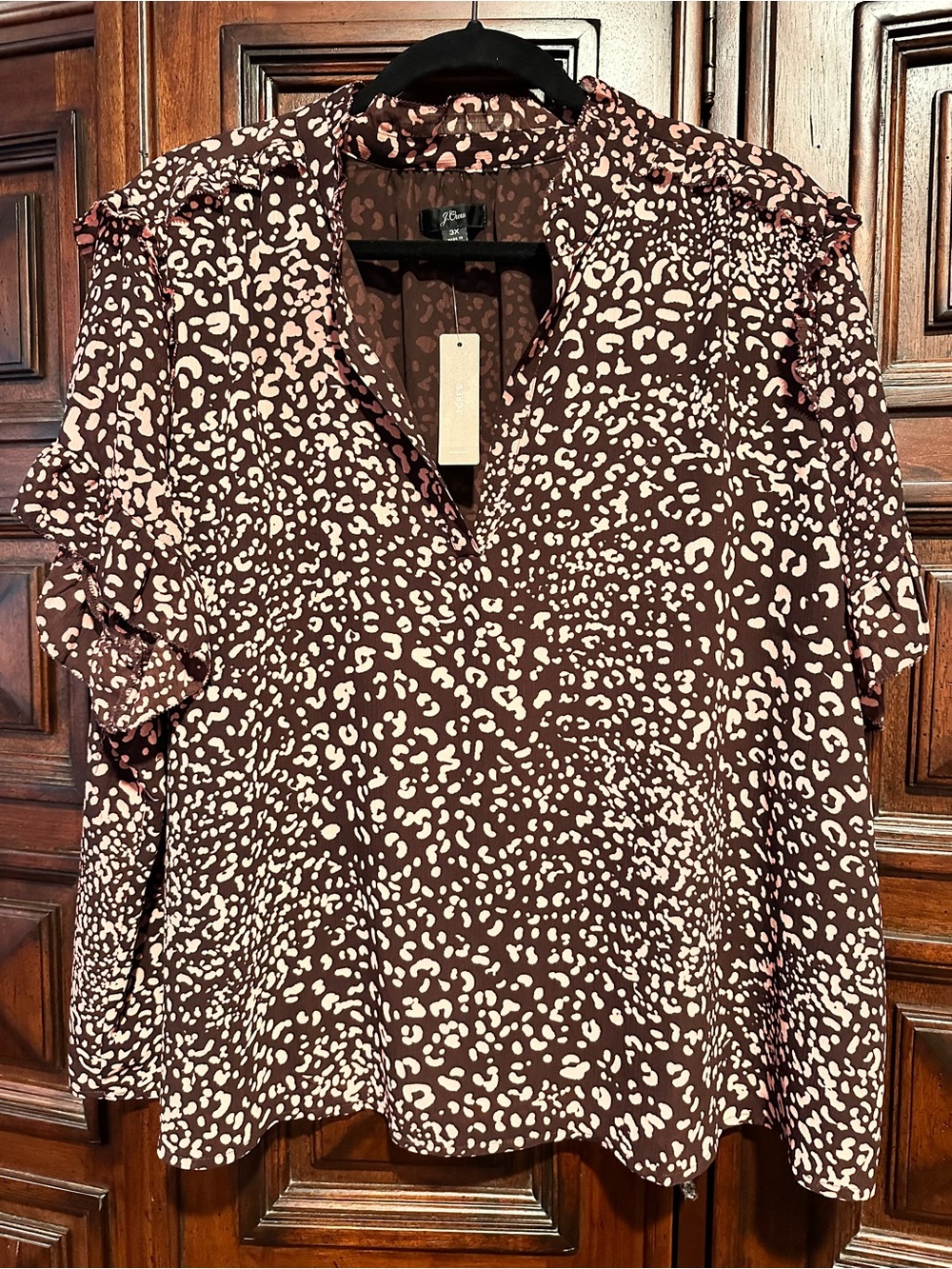 3X J. CREW Pink & Brown Smocked Shoulder Blouse - Women's DETAILS! Animal print